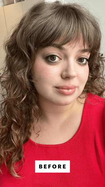 Allure commerce producer Sarah Hoffmann before applying the Curlsmith Frizz Rescue Finishing Serum