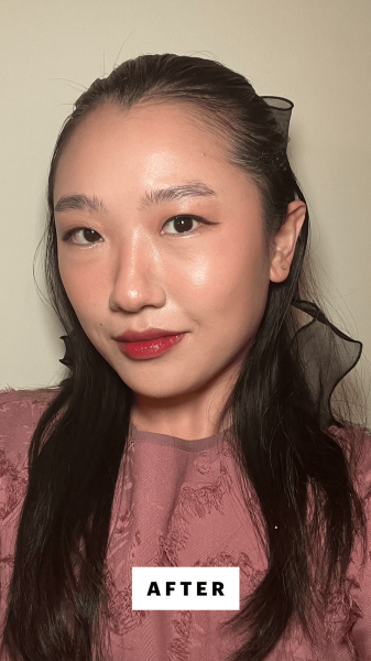 Allure commerce editor Sarah Han after applying the Danessa Myricks Beauty Yummy Skin Blurring Balm Powder Flushed