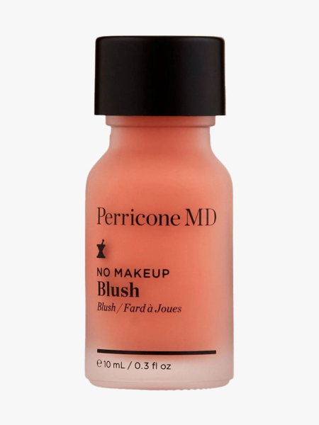 Perricone MD No Makeup Blush vial of peach liquid blush with black cap on light gray background