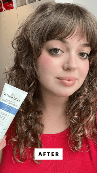 Allure commerce producer Sarah Hoffmann after applying the Curlsmith Frizz Rescue Finishing Serum