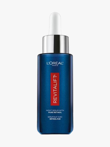 L’Oréal Paris Revitalift Derm Intensives Night Serum with 0.3% Pure Retinol in branded dropper component on a light gray background