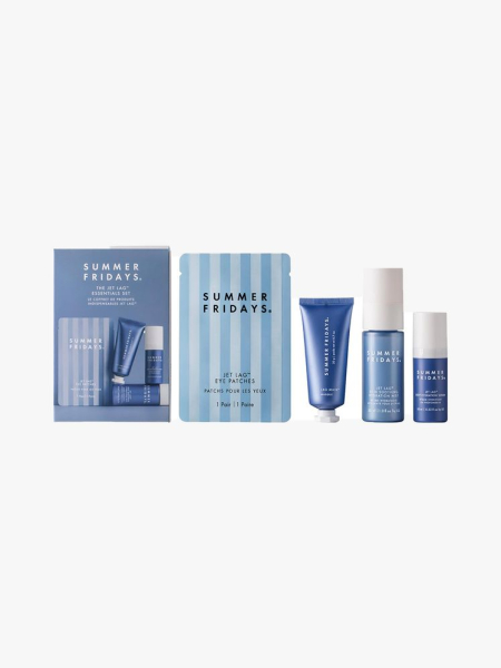 Summer Fridays The Jet Lag Essentials Hydration Set blue skincare products on light gray background