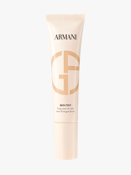 Armani Beauty Golden Hour Skin Tint in branded tube component on a light gray background