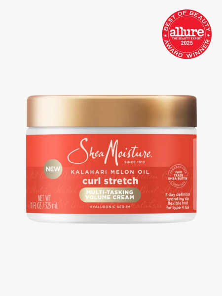 SheaMoisture Kalahari Melon Oil Curl Stretch Multi-Tasking Volume Cream in branded white jar with gold twist cap on light gray background with red Allure Best of Beauty seal in the top right corner