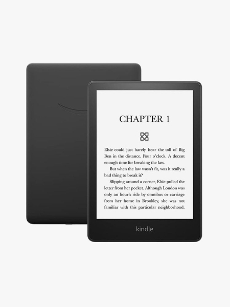 Amazon Kindle Paperwhite black and white ereader on light gray background