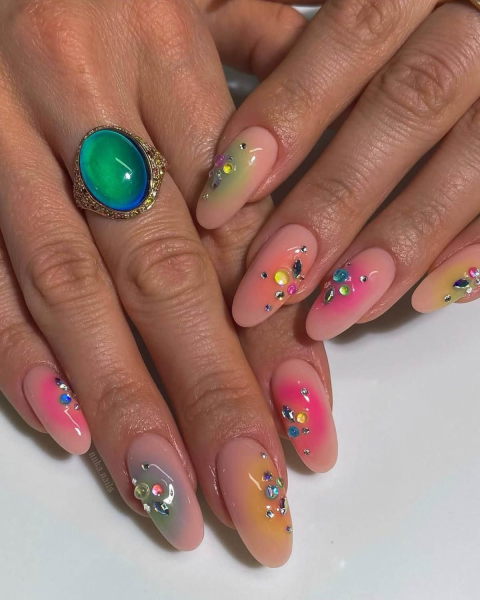 Taylor Swift TLOAS Nails  pink yellow blue and green airbrushed nails with gems